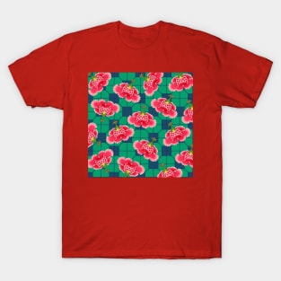 Chinese Vintage Pink and Red Flowers with Green and Blue Tile - Hong Kong Traditional Floral Pattern T-Shirt